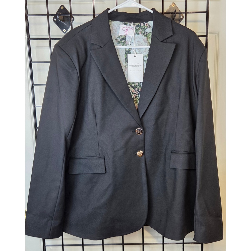 PWR WMN Black Blazer Womens 2XL NWT Floral Lined Stretch Gold Button Pockets